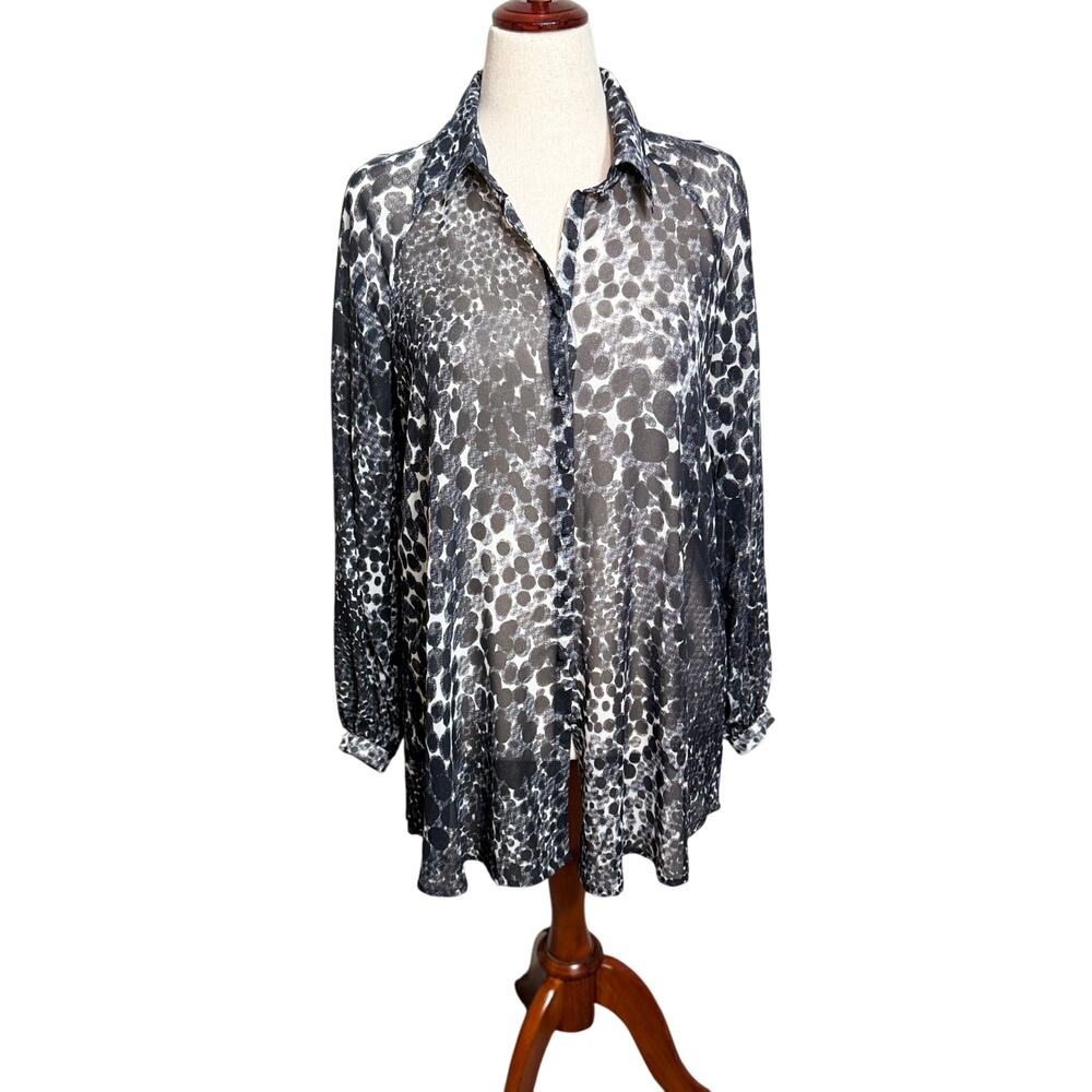 CAbi tunic top sheer Blurred Dot black white long sleeve button up blouse Sz M